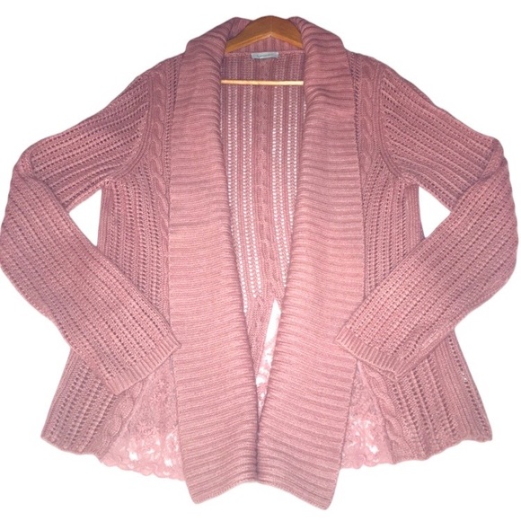 GARNET HILL Open Front Lace Insert Cardigan Cashmere Wool Angora Blend size S - Picture 2 of 11